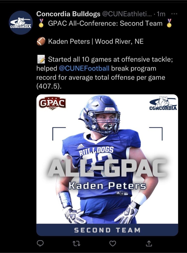 Kaden Peters offensive lineman receives 2nd Team GPAC All-Conference for his efforts. 